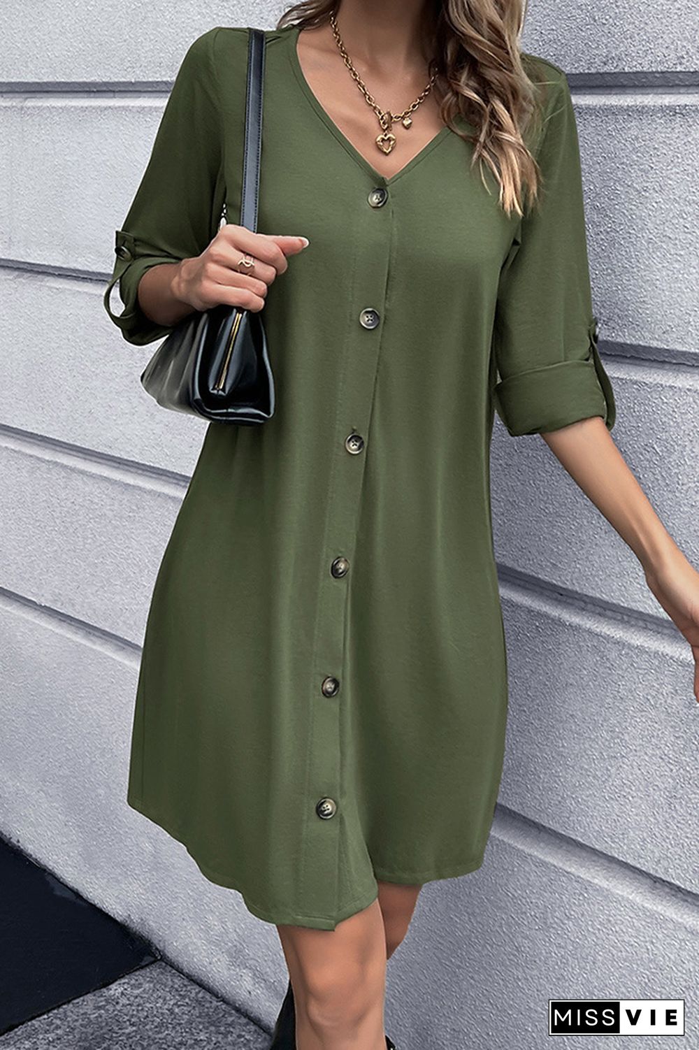 V Neck Front Open Button Long Sleeves Dress