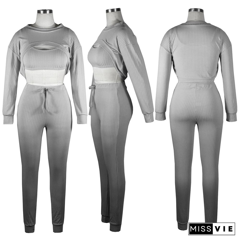 Long Sleeve Crop Top And Pants 3 Piece Sweatsuits