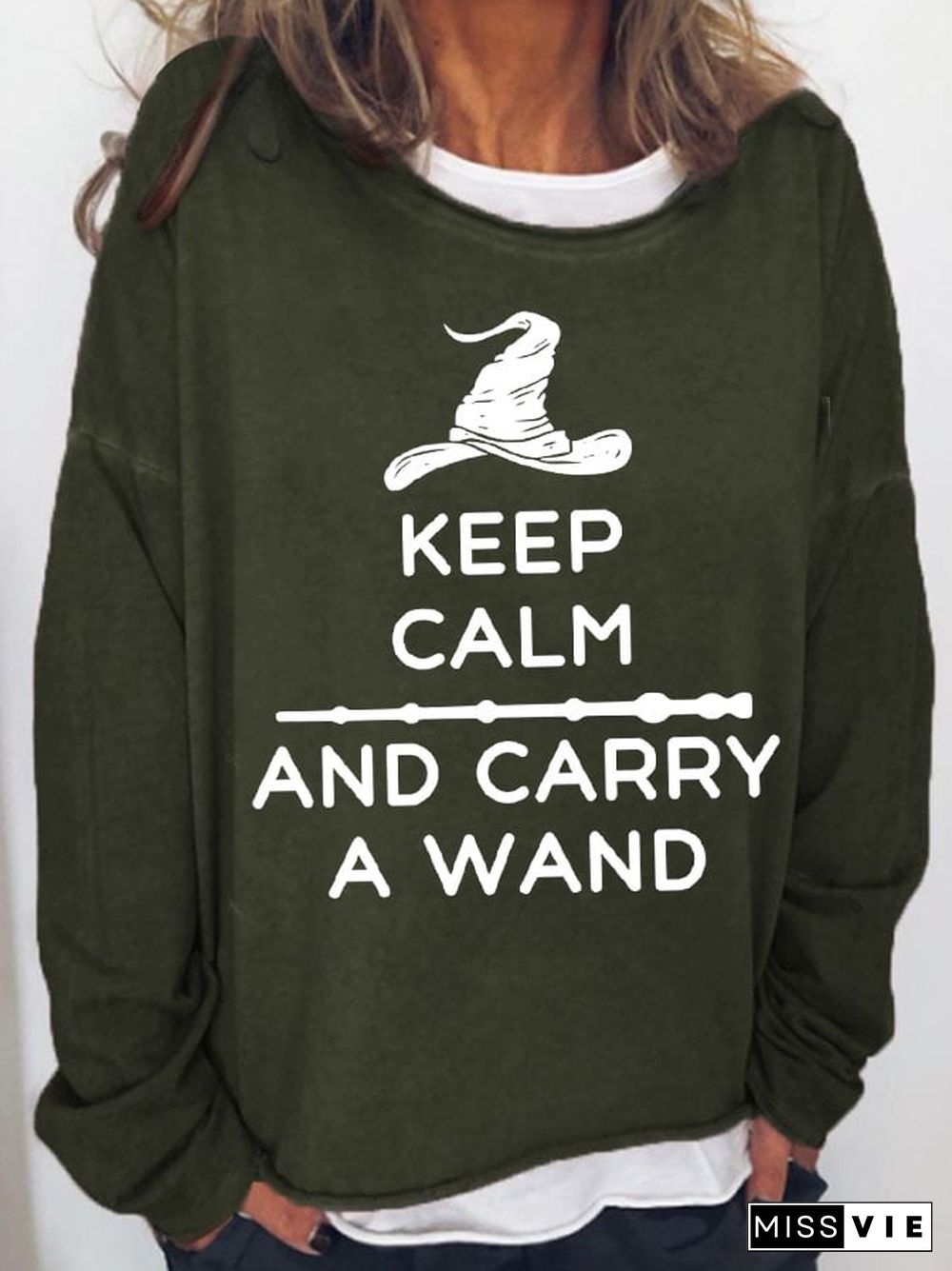 Women's Keep Calm & Carry a Wand Print Long Sleeve Sweatshirt