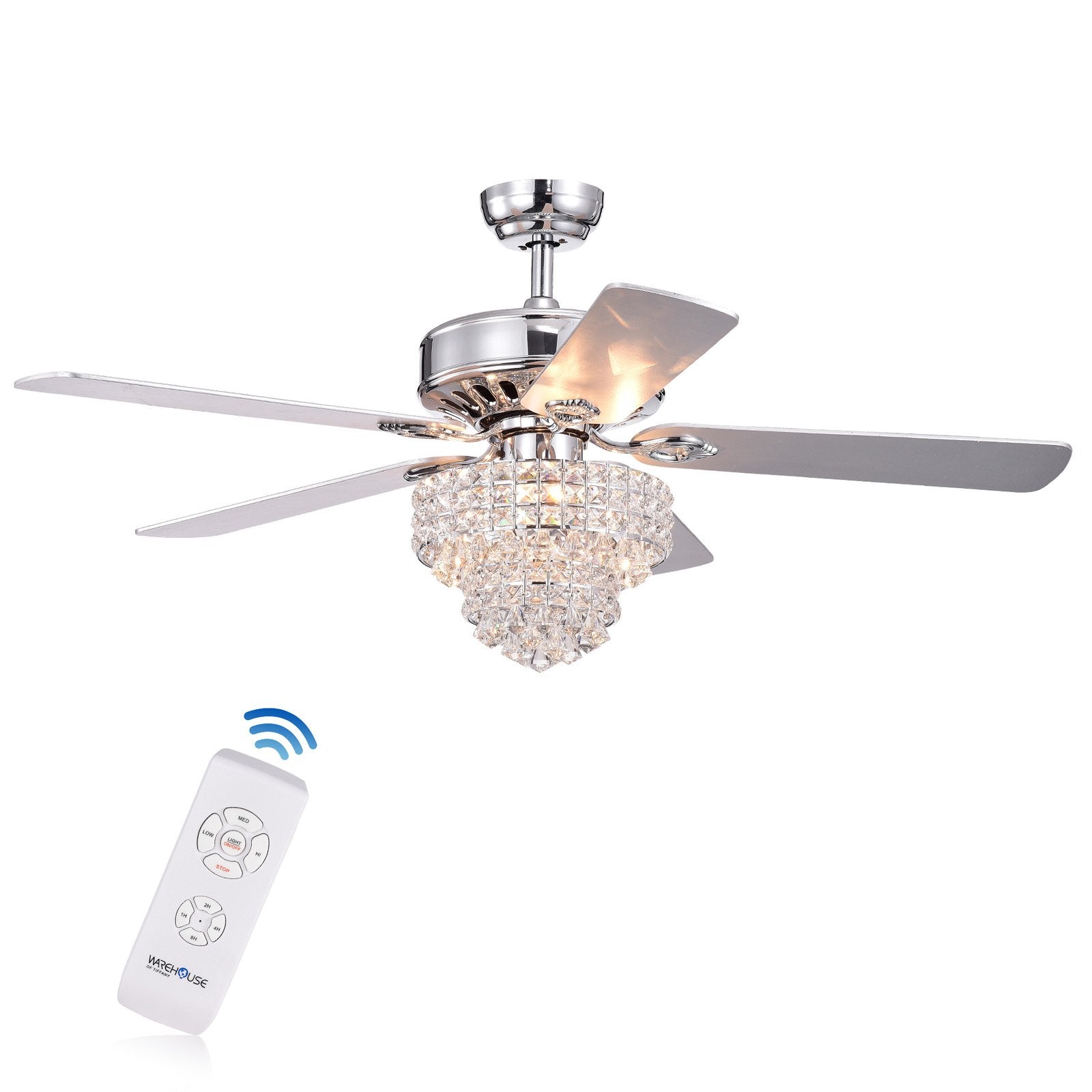 Bryanya 5-Blade 52-Inch Chrome Lighted Ceiling Fans with Crystal Shade (Remote Controlled)