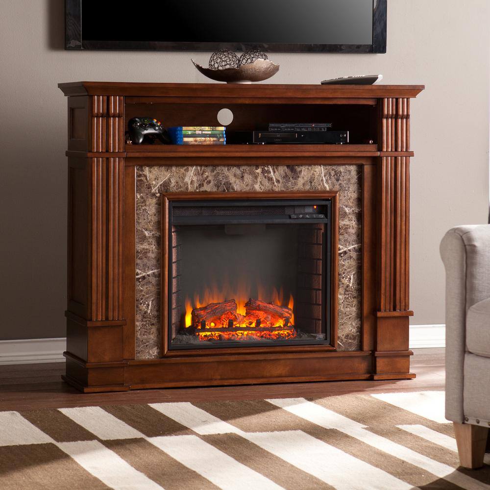 Southern Enterprises Rochester 48 in. Faux Stone Electric Fireplace TV Stand in Whiskey Maple HD90152