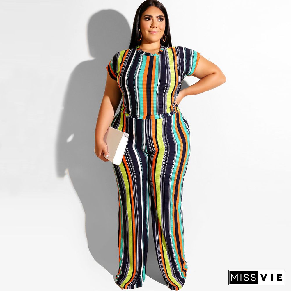 Plus Size Women Stripes Straight-legs Pants Suits 2 Pieces