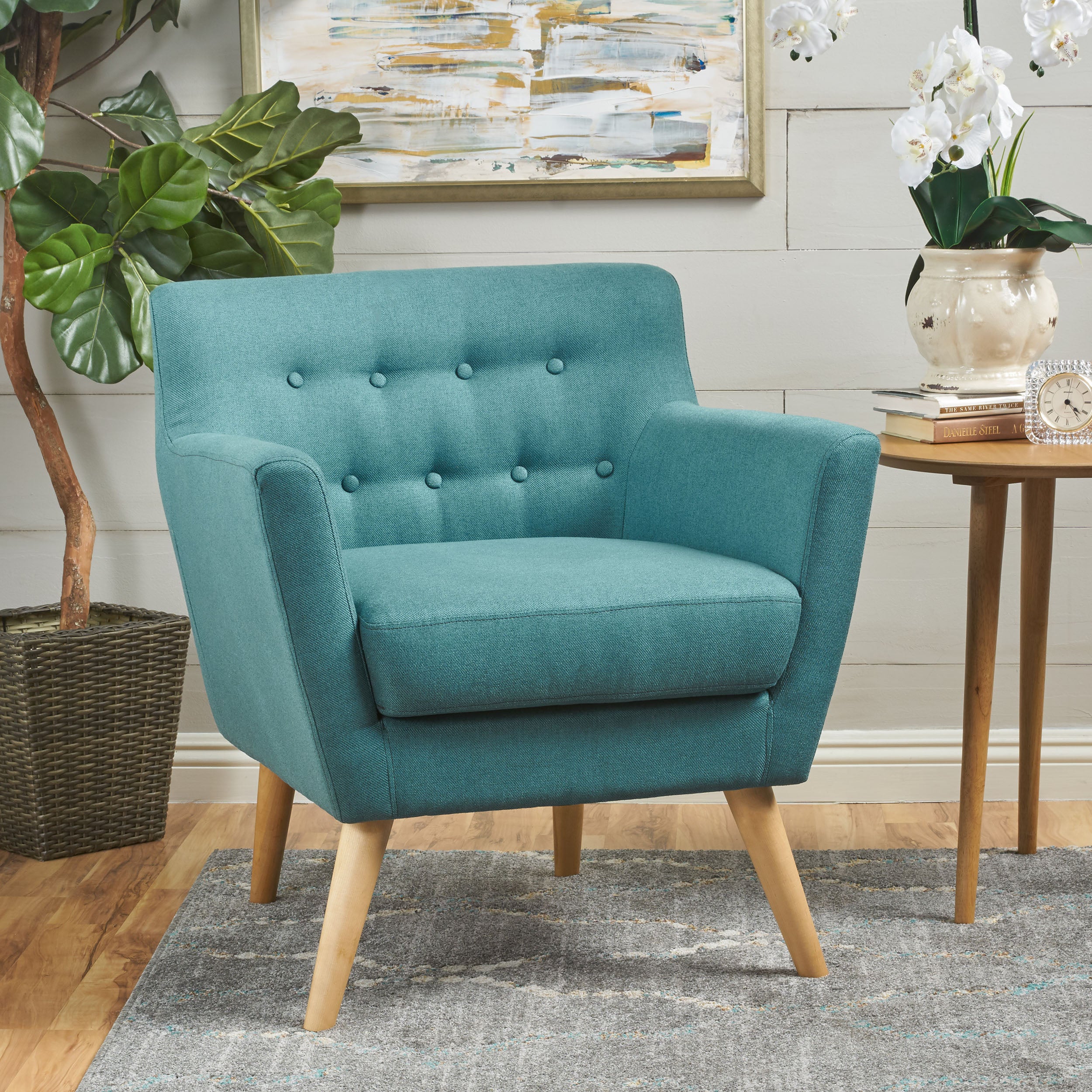 Madeira Buttoned Mid Century Modern Dark Teal Fabric Club Chair