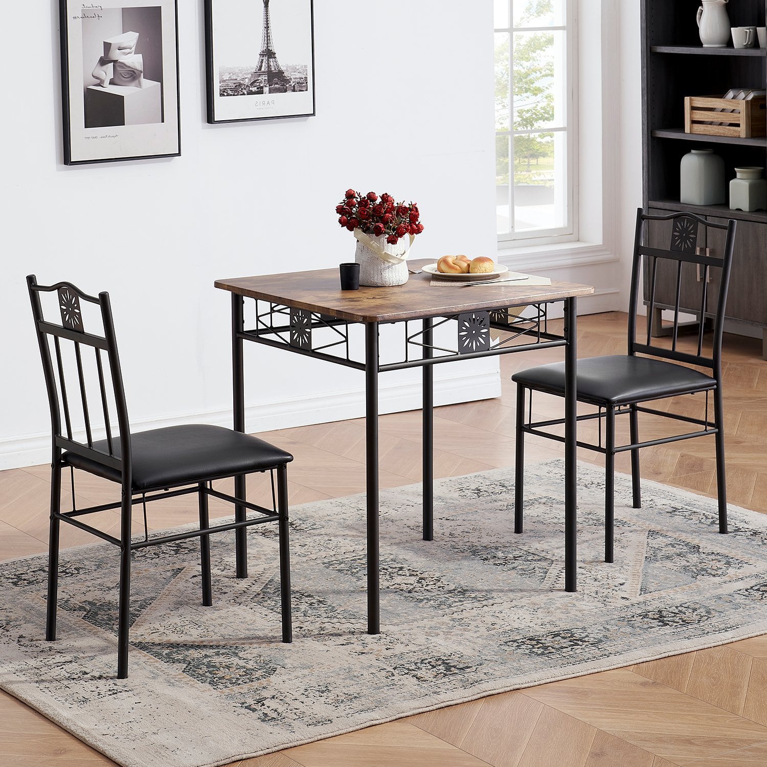 3-Piece Dining Table Sets with 2 Black Chairs for Kitchen, Dinette, Breakfast Nook, Brown