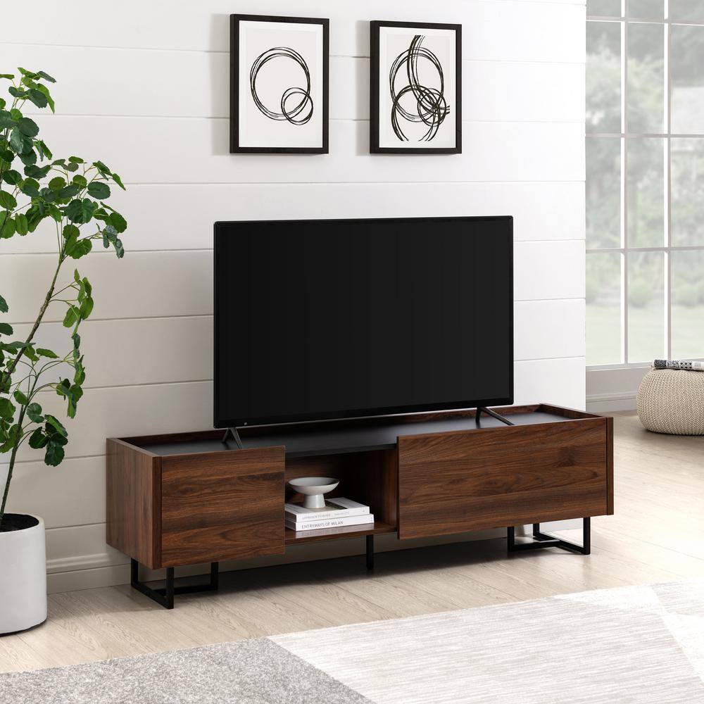 Welwick Designs 63 in. Dark Walnut Wood Modern tv Stand with 2 Doors Fits tvs up to 65 in. with Metal T-Legs HD9341