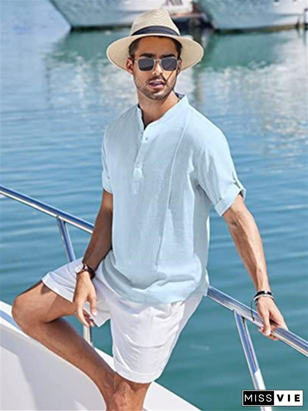 Linen Shirt Casual Beach Shirt Short Sleeve T-shirt Solid Color Stand-up Collar Top S M L XL 2XL 3XL 4XL 5XL