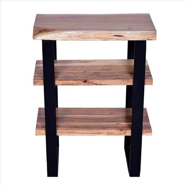 Farmhouse End Table with Live Edge Wood Shelves and Sled Metal Leg Support ， Brown and Black