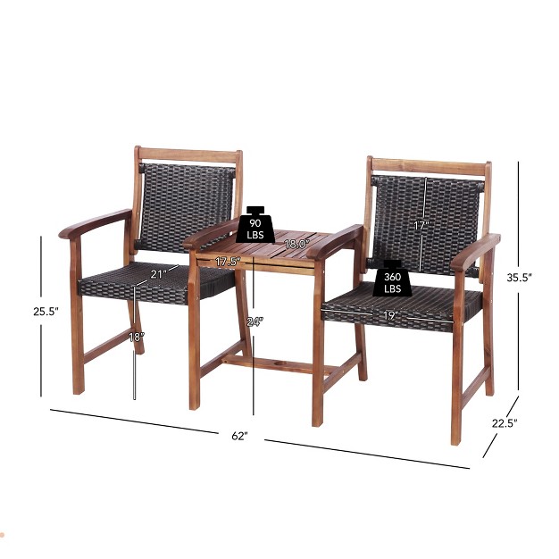 Costway 2 seat Patio Rattan Bench Acacia Wood Frame Table W umbrella Hole Deck