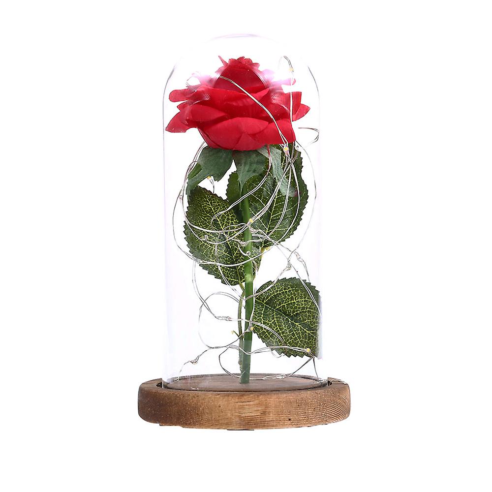 1 Rose Flower 1 Glass Cover 1 Wooden Base 1 String Light Brown