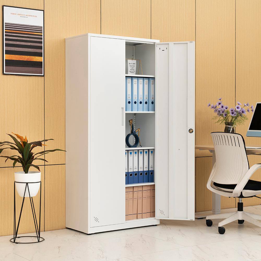 🎉Limited Time Offer🎉White Metal Storage Cabinet with 2-Doors and 4 Shelves Lockable Tall Cabinet for Home Office Garage Kitchen Pantry ZT-W25262850