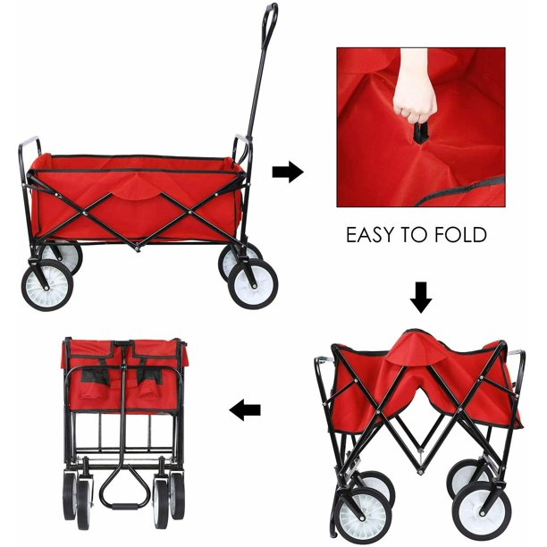 CINAK Heavy Duty Garden Cart, Collapsible Folding Outdoor Utility Wagon, Beach Soccer Field Garden Backyard Shopping Camping Cart, Red