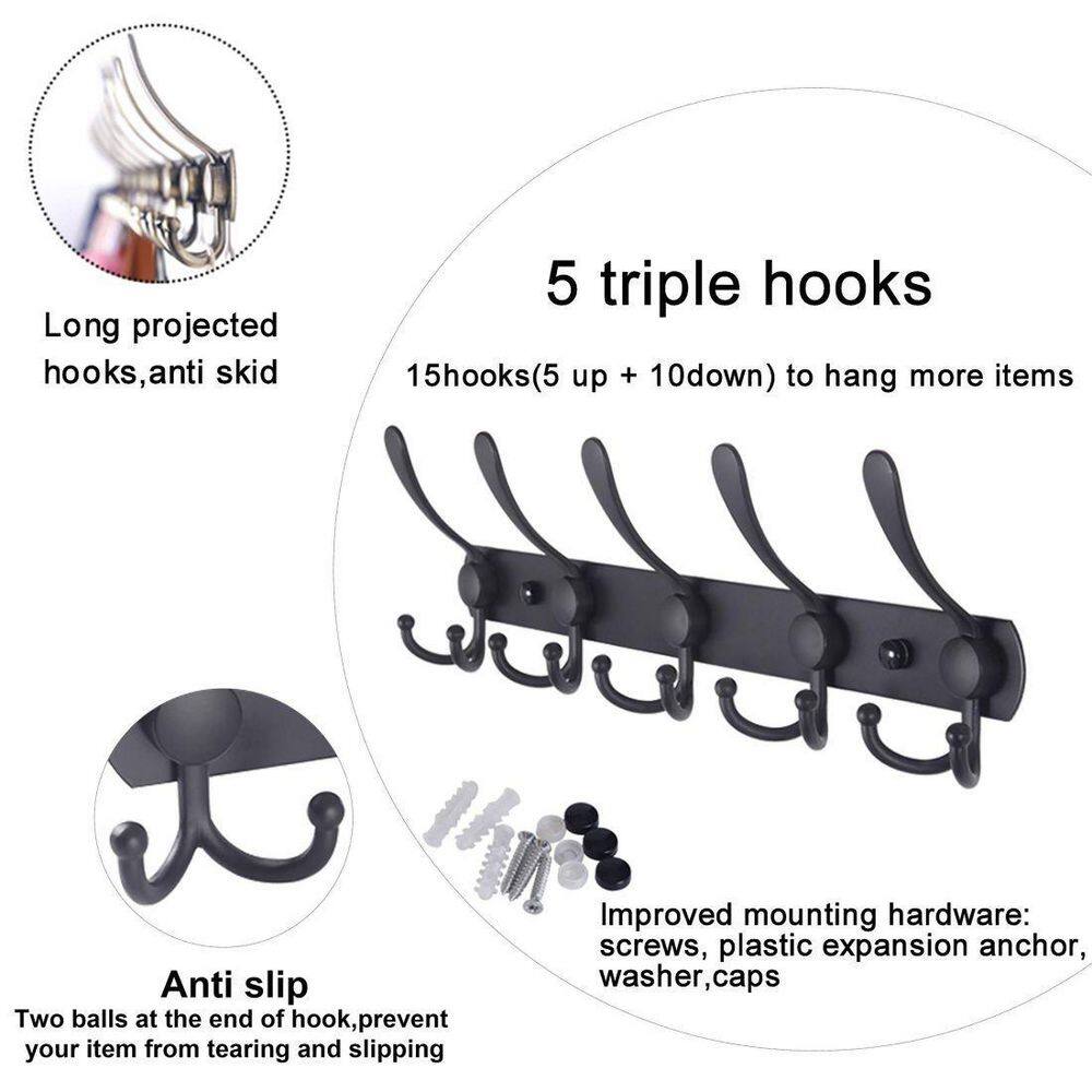 Dracelo Wall Mount Bathroom Black Metal Hook Rack Rail with 5 Hooks 2 Pack B07HR71V5F