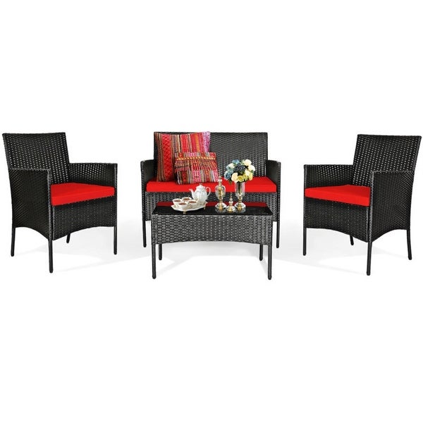 4 Pieces Patio Rattan Cushioned Sofa Set with Tempered Glass Table - Overstock - 37909382