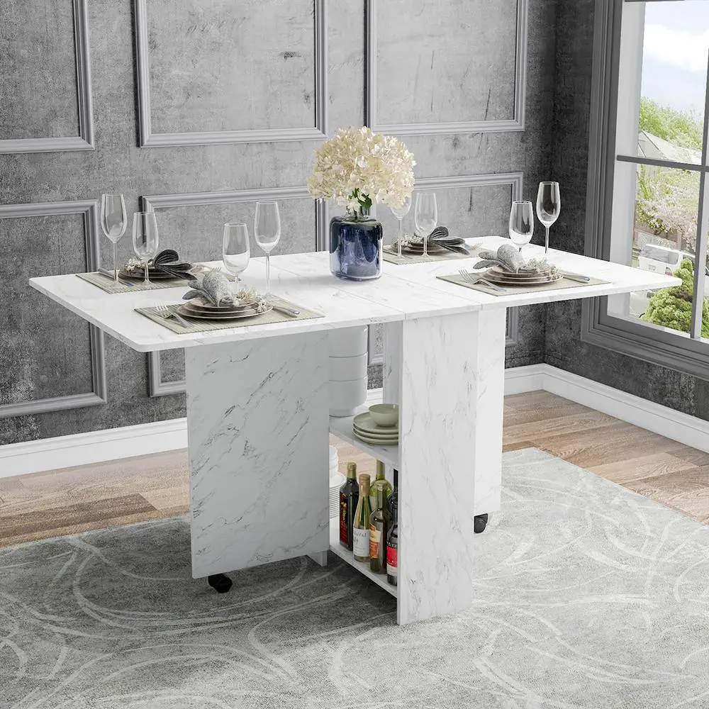 Dinaza 55.1 in. Rectangle White Marble Wood Folding Dining Table Drop Leaf Table with 2-Tier Racks with Wheels (Seats 6)