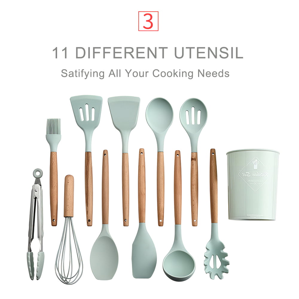 Walmeck Kitchen Utensils Set 11Pcs Silicone Non-stick Barreled Cooking Utensils Set Silica Gel Utensil Wooden Handle Kitchenware Set