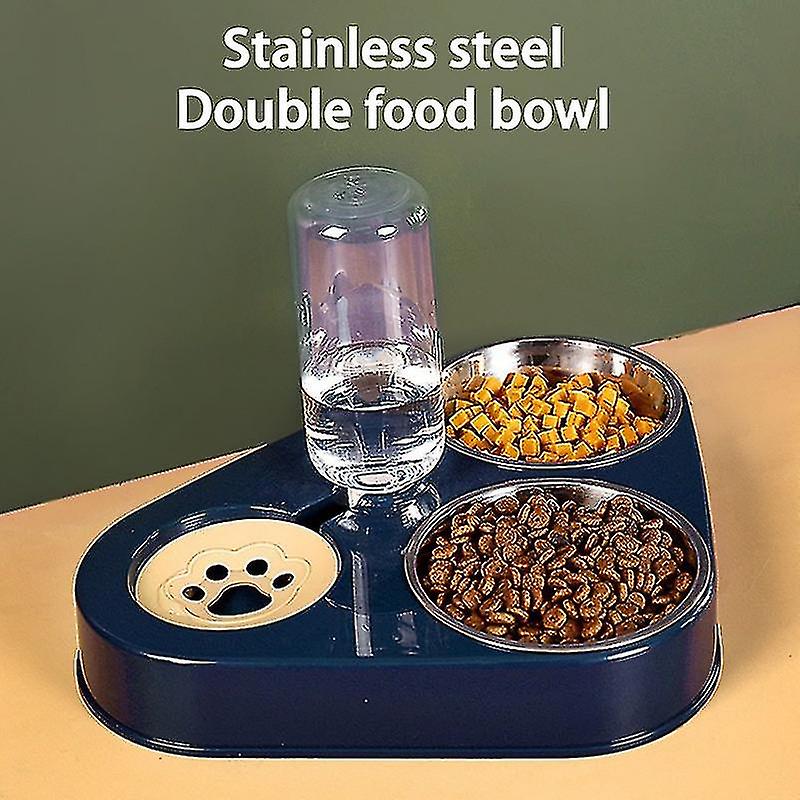 Miman 3 In 1 Dog Feeder Bowl With Dog Water Bottle Cat Automatic Drinking Bowl Cat Food Bowl Pet Stainless Steel Double 3 Bowls-37.5x26.5x5.2cm，blue