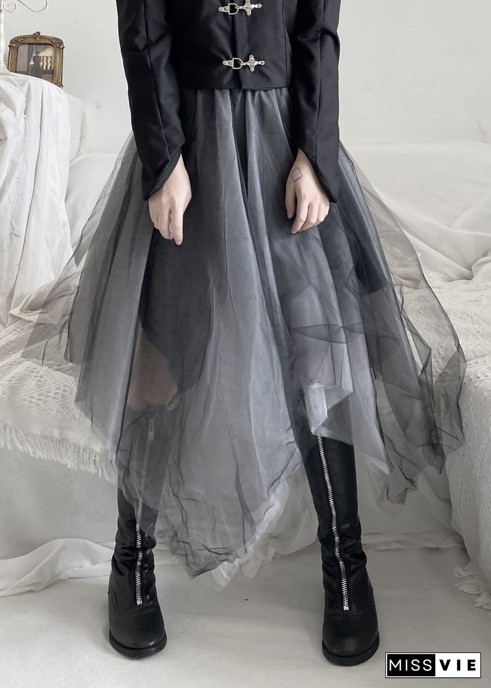 DIY Black Asymmetrical Wrinkled Solid Tulle A Line Skirt Fall