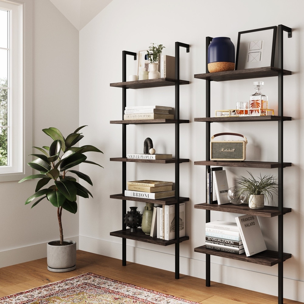 Nathan James Theo 5 Shelf Ladder Bookcase Wood with Metal Frame