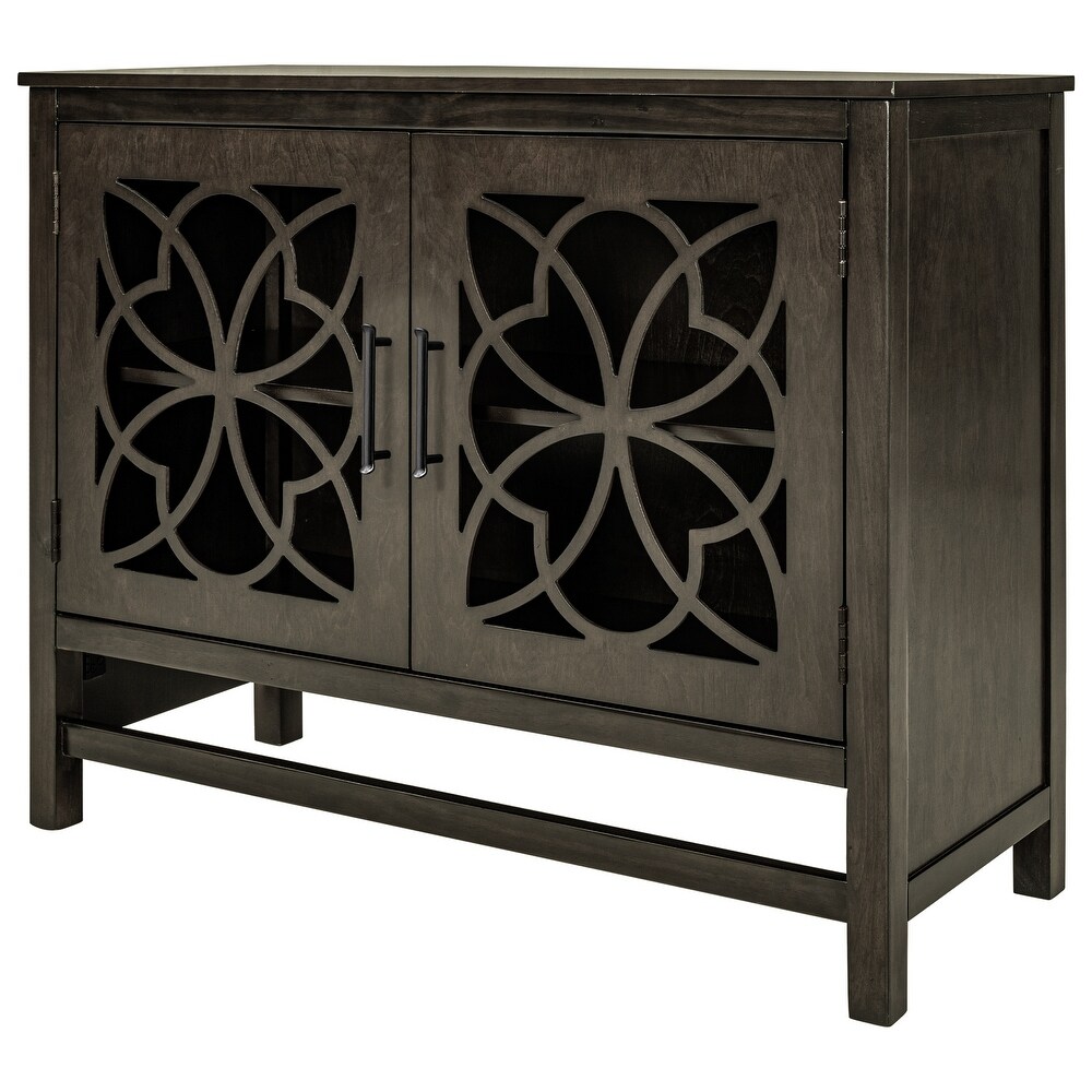 Wood Storage Cabinet Sideboard with Fretwork Doors and Adjustable Shelf for Entryway Kitchen Dining Room