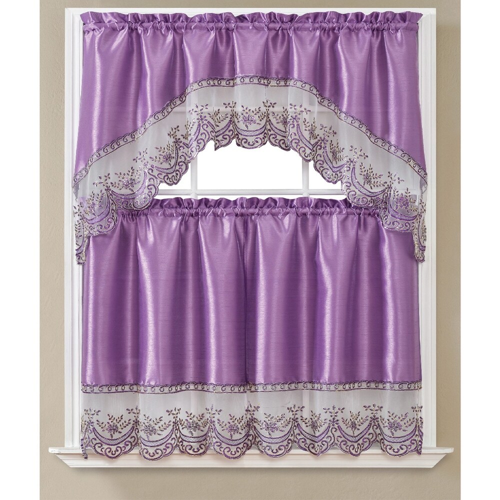 Remi 3 Piece Sequins Embroidery Kitchen Curtain Set with Swag Valance  Tier 30x36  Valance 60x36 Inches