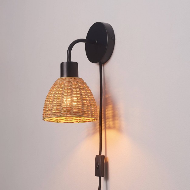 Briar 1 light Matte Black Plug in Or Hardwire Wall Sconce With Rattan Shade Globe Electric