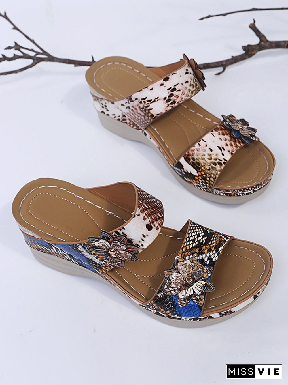 3D Floral Snake Print Wedge Sandals Slippers