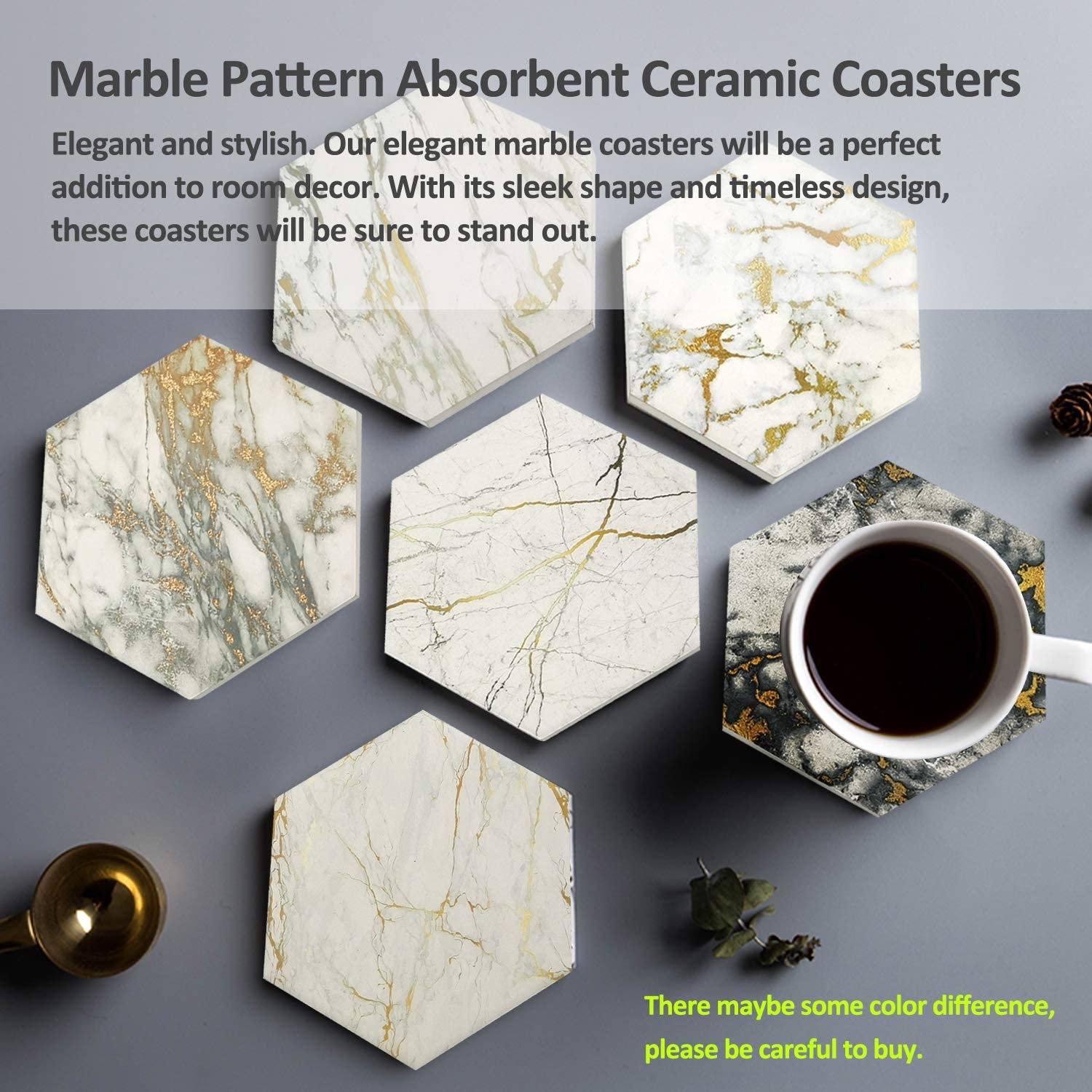 Hommtina 8 Pcs Drink Gold Coasters with Metal Holder Stand ， Marble Coasters Design Ceramic Coaster Set， Cork Base， for Tabletop Protection， Home Decor， Bar Coasters