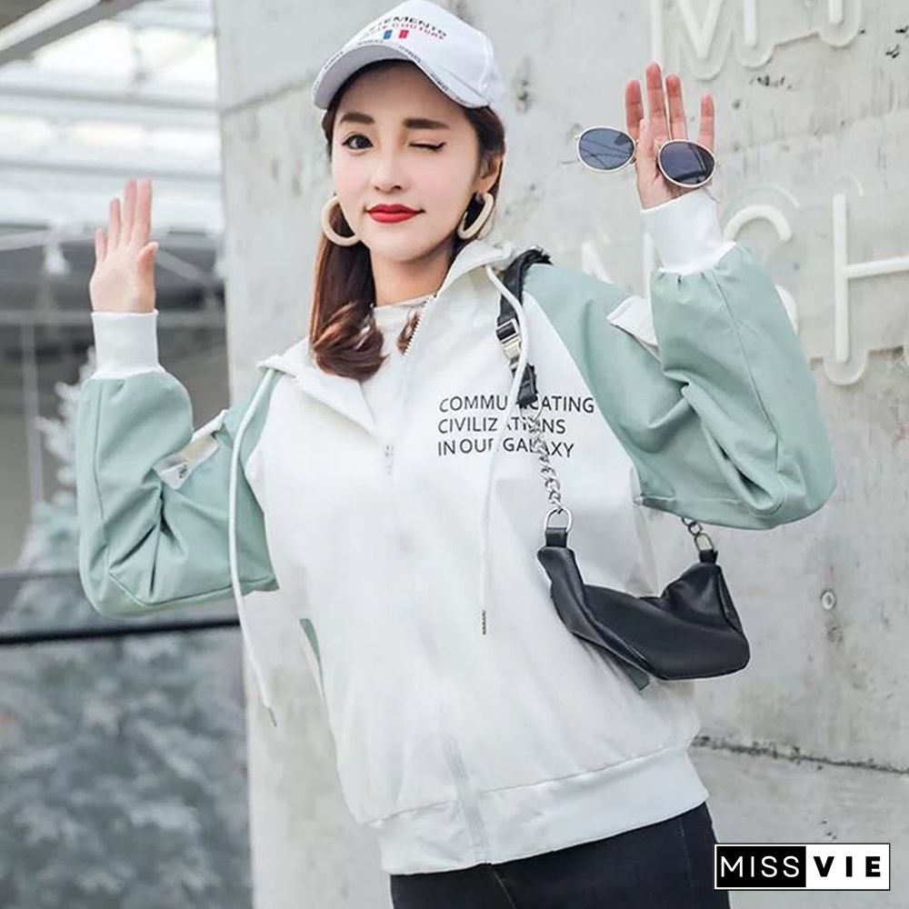 Autumn Jacket Hooded Women Causal Loose Lady Windbreaker Basic Coats Letter Outwears Lightweight Korean Fashion Overwear