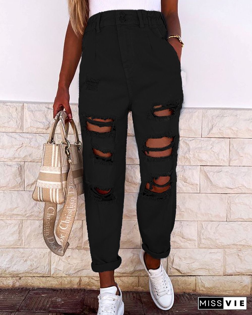 Elastic High Waist Pocket Detail Ripped Jeans