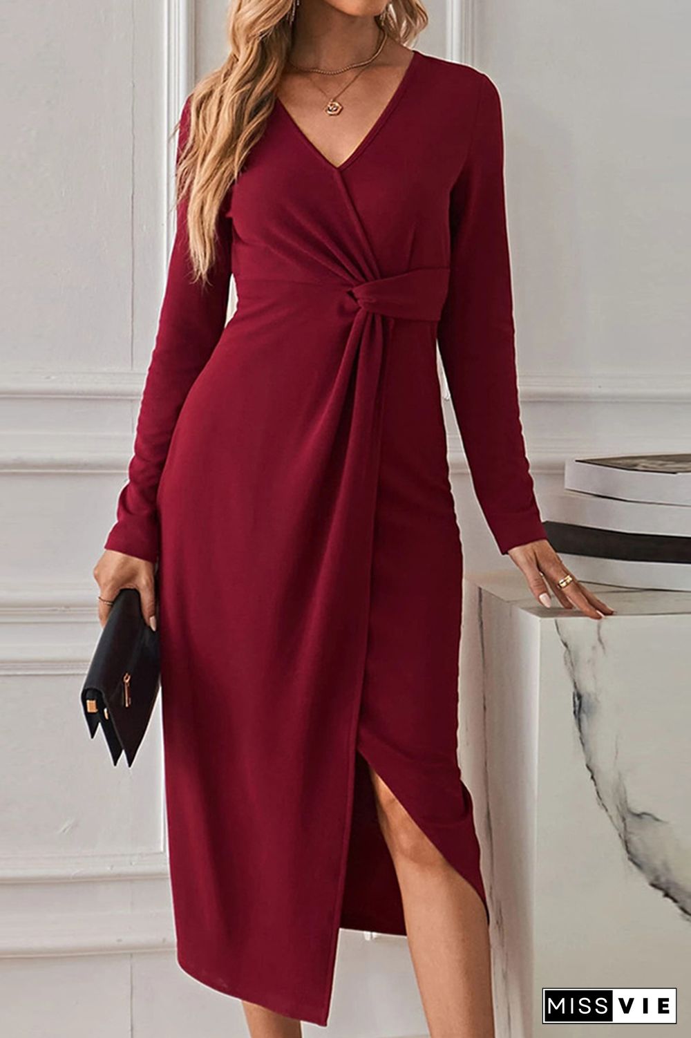 Burgundy V Neck Wrap Split Midi Dress