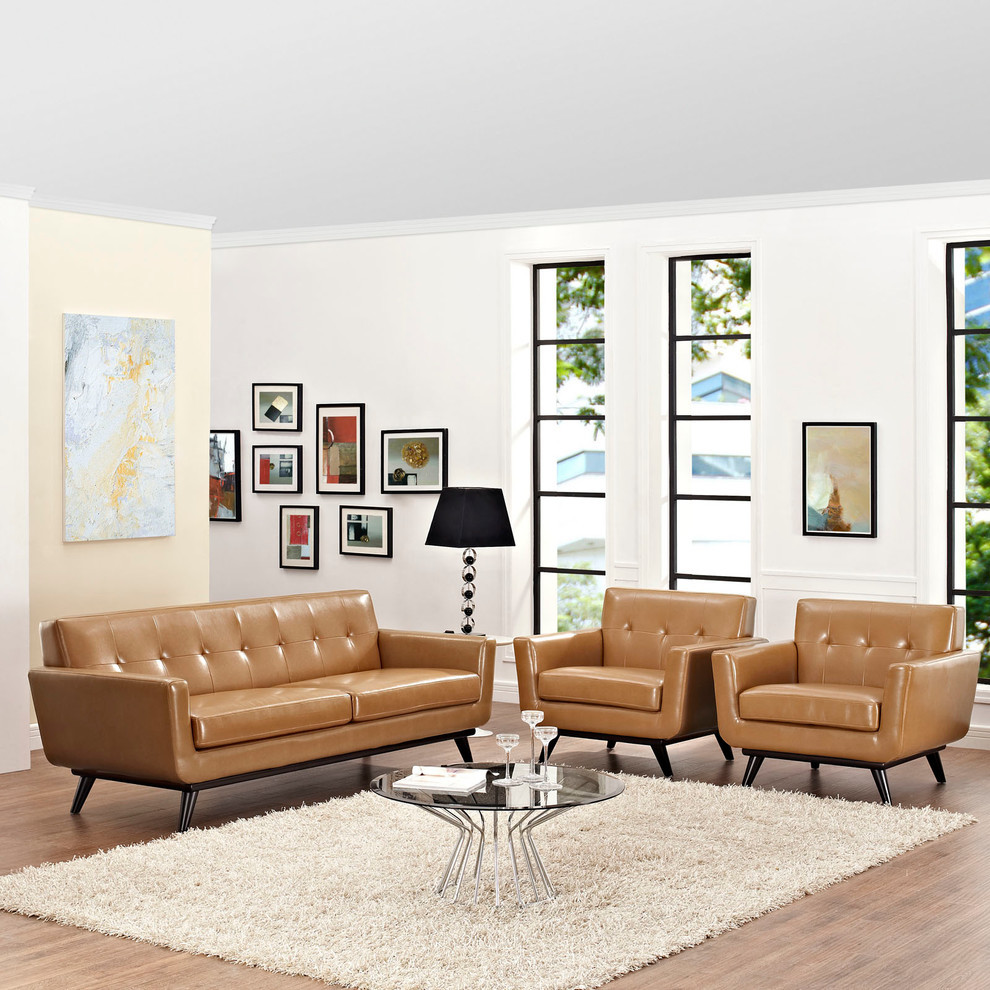 Modern Urban Contemporary Set of 3 Leather Living Room Set  Beige Leather   Midcentury   Living Room Furniture Sets   by House Bound  Houzz