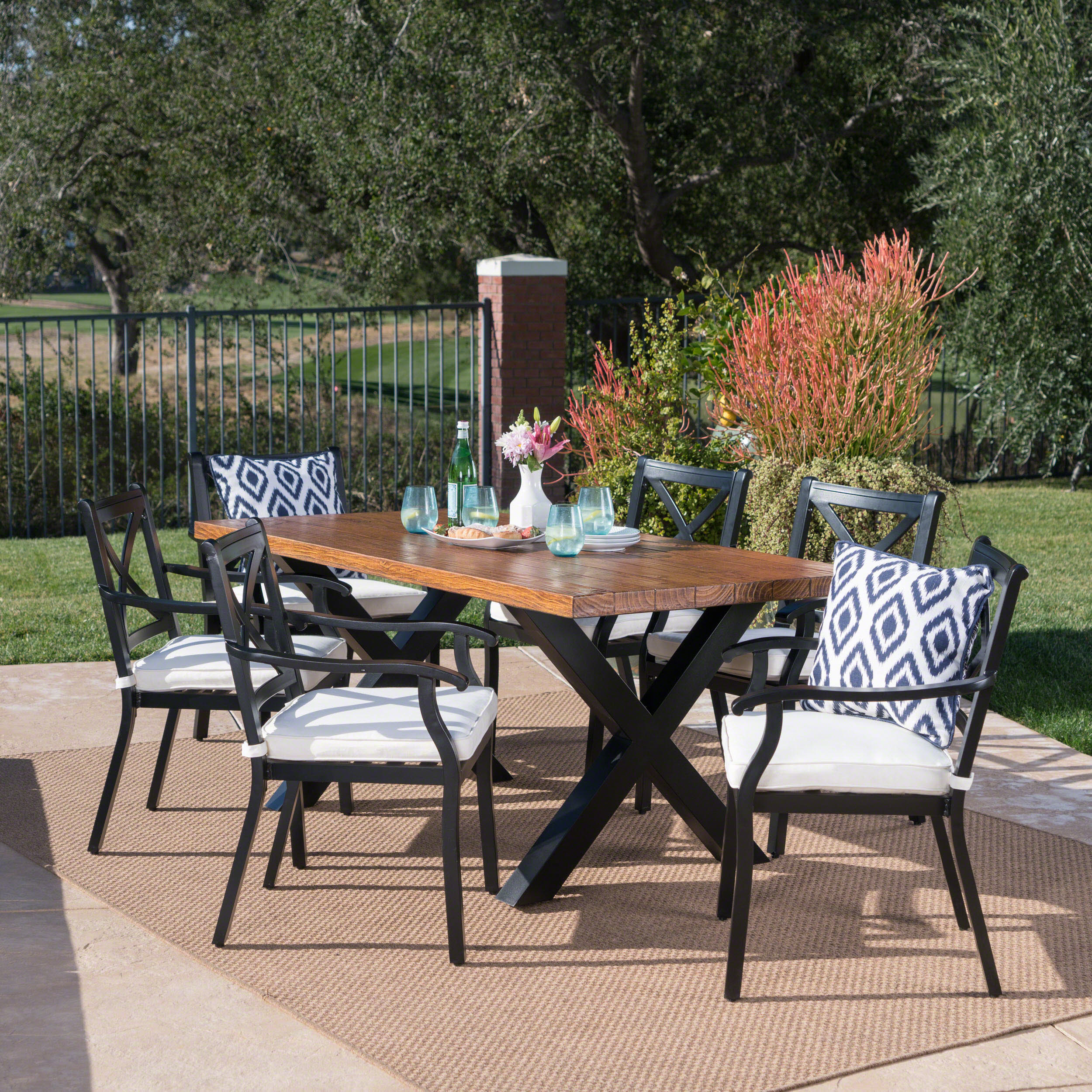 Irene Outdoor 7 Piece Black Aluminum Dining Set with Concrete Table