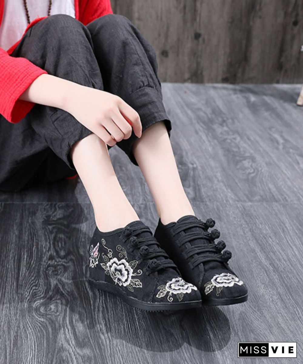 Black Cotton Fabric High Wedge Heels Shoes Embroideried Buckle Strap Flat Shoes For Women