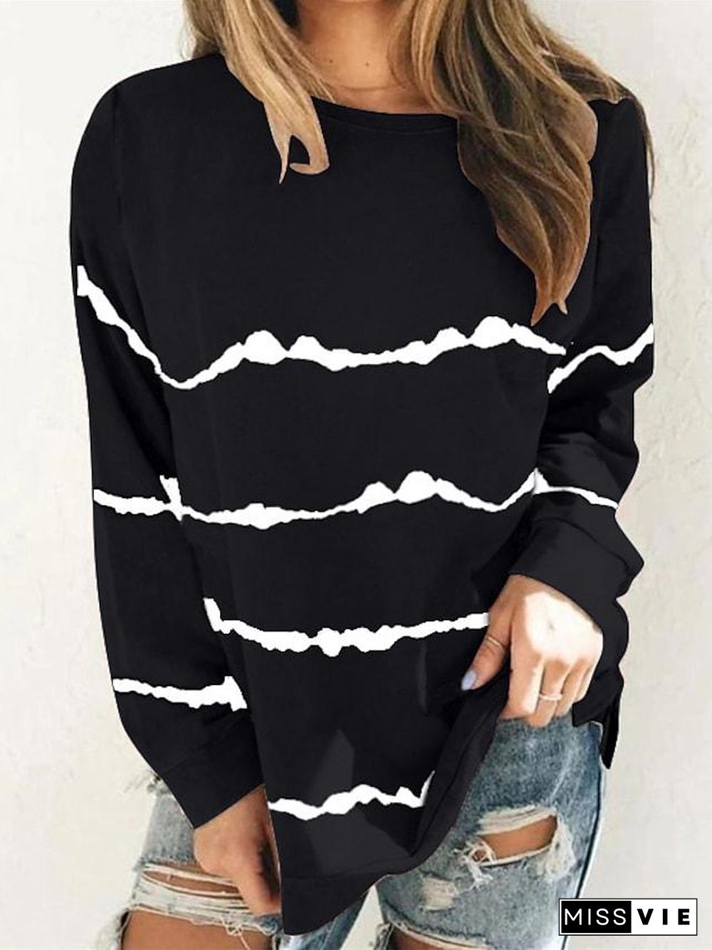 Women's Plus Size Tops T Shirt Print Striped Large Size Round Neck Long Sleeve Big Size