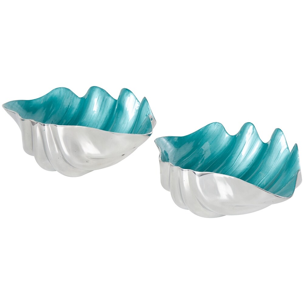 Blue or White Aluminum Enameled Shell Decorative Bowl with Silver Metal Exterior (Set of 2)