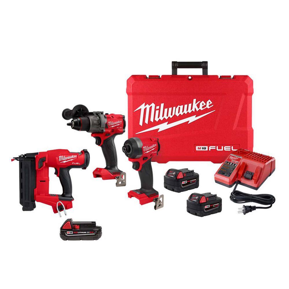 MW M18 FUEL 18V Lithium-Ion Brushless Cordless Combo Kit wM18 FUEL 18-Gauge Brad Nailer  2.0ah Battery 3697-22-2746-20-48-11-1820