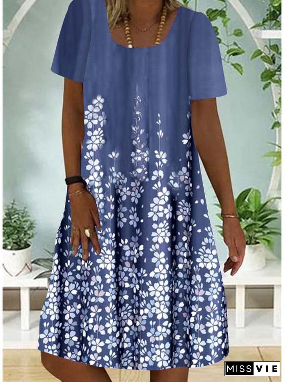 Women Casual Short Sleeve Round Neck Floral Printed Midi Dress