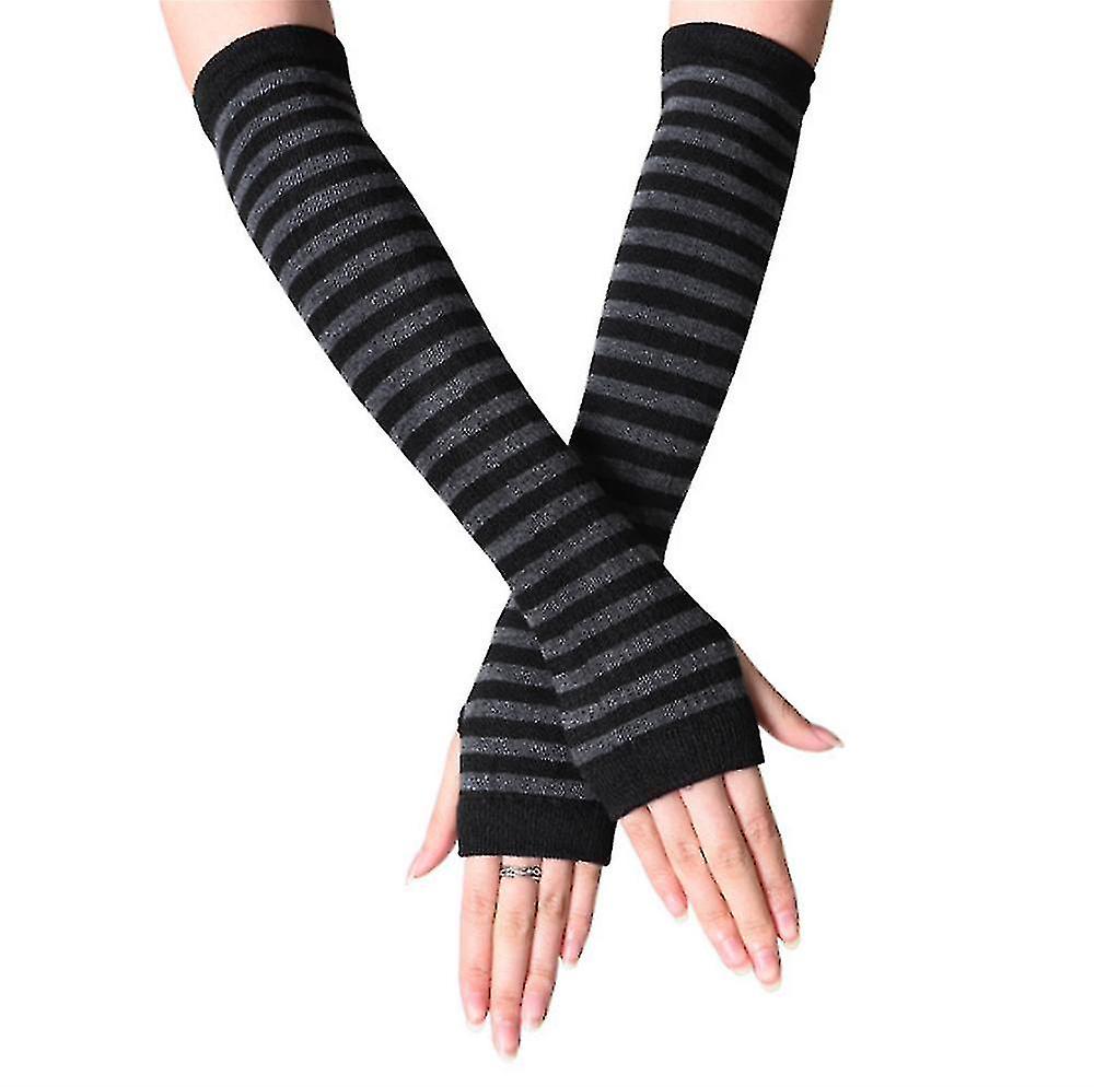 Womens Wrist Arm Mittens Long Hand Warmer Fingerless Striped Gloves