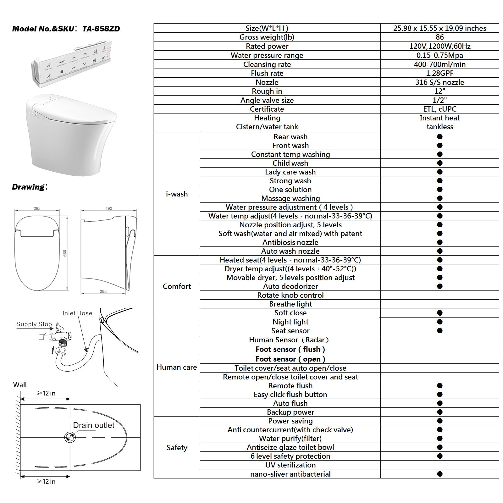 COSVALVE Electric Smart Toilet Auto Flush Heated Seat Multi Function Remote Control