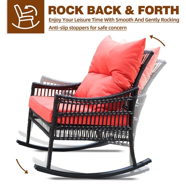 VEIKOUS 3Piece Outdoor Wicker Patio Porch Rocking Chair and Rattan Coffee Table Set with Cushions and Pillows