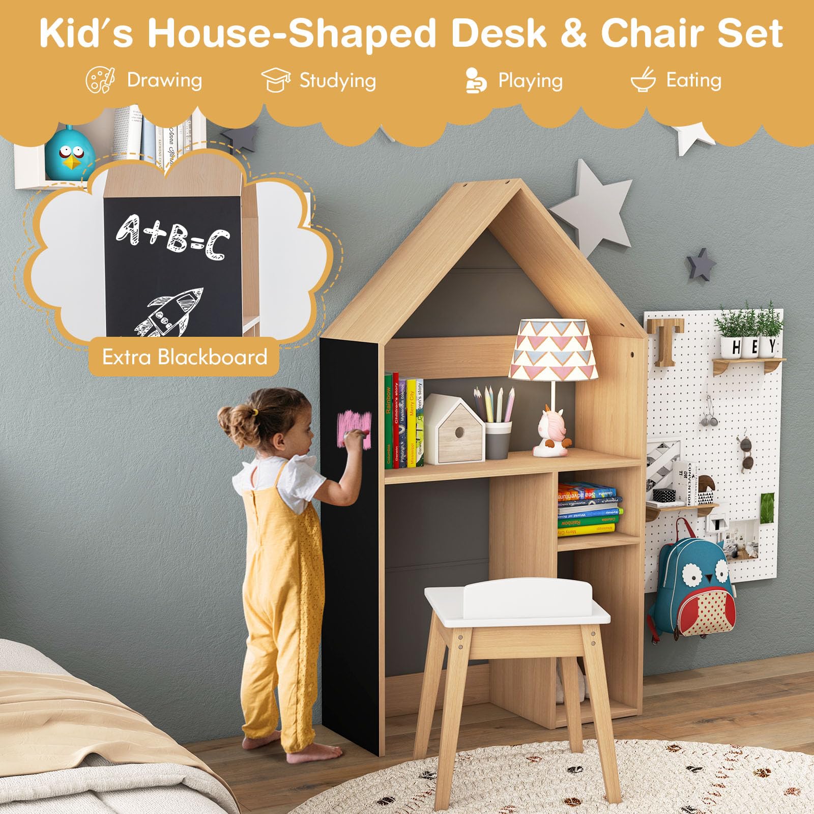 Costzon Kids Table and Chair Set, 2-in-1 House-Shaped Kids Toy Organizer Cabinet with Blackboard