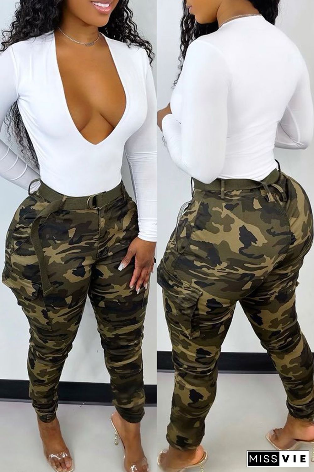 Casual Camouflage Print Patchwork With Belt High Waist Skinny Denim Jeans