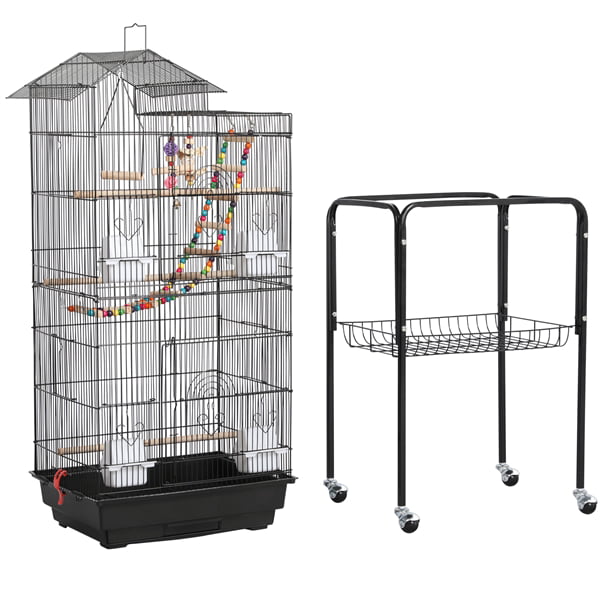 Yaheetech Rolling Metal Bird Cage with Detachable Stand Large Parrot Cage w/ Stand and Toys Budgies Cockatiels Parakeets