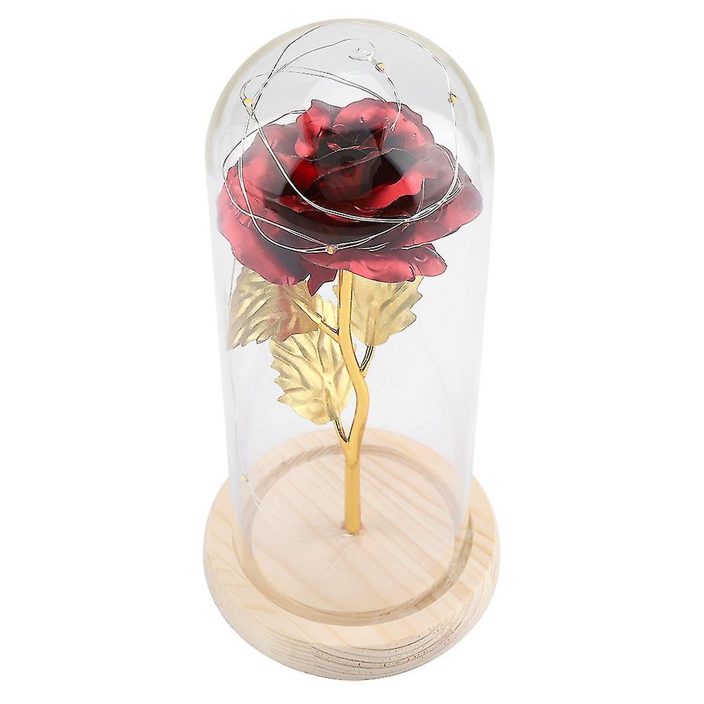 Preserved Rose Flower LED Light with Glass Cover andamp; Wooden Base Valentines'Day Wedding Red