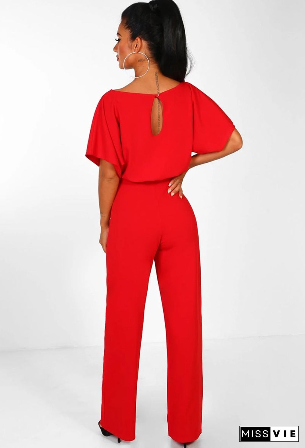 Button Lace-up Short-sleeved Jumpsuit