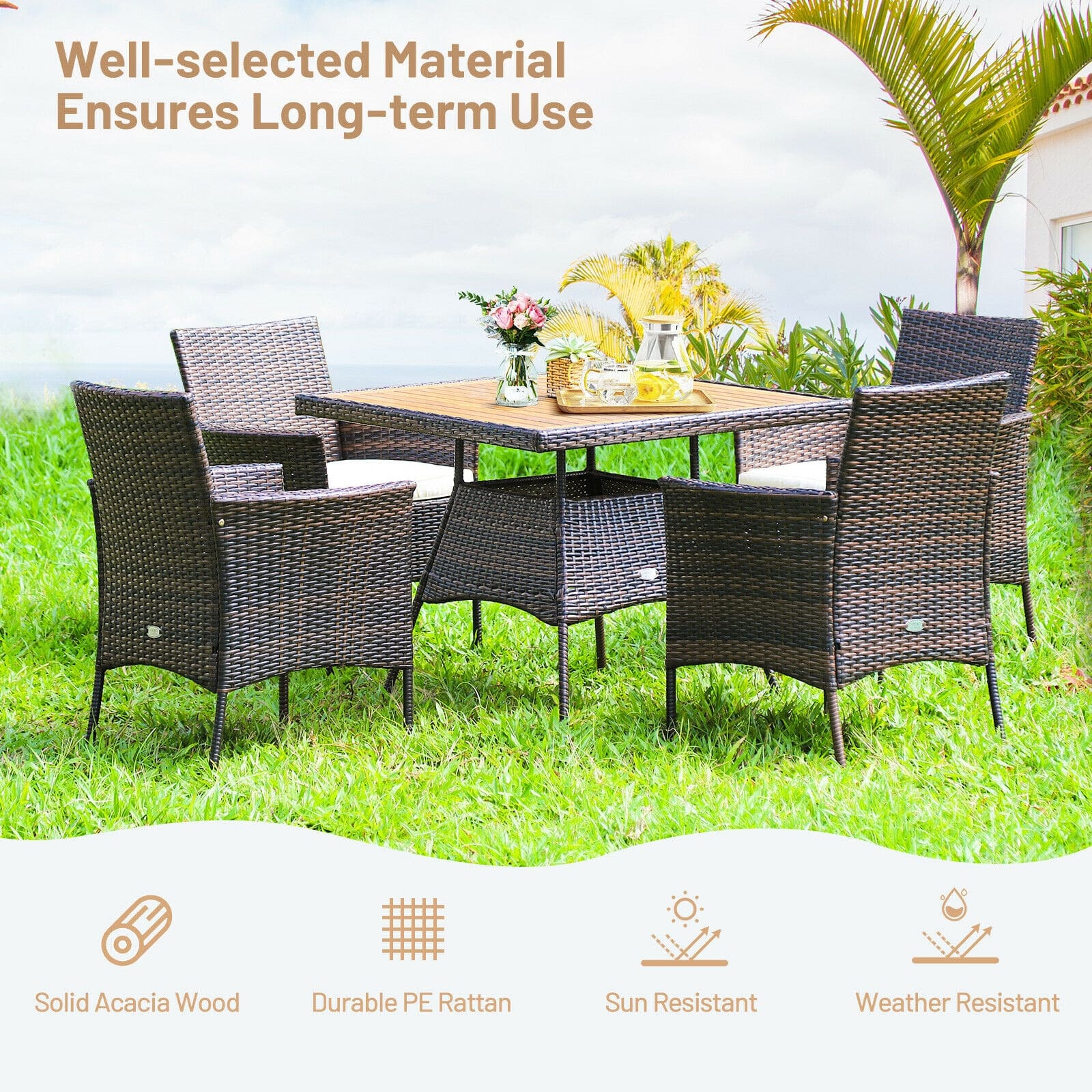 5 Pcs Rattan Patio Dining Table Set with Umbrella Hole, Acacia Wood Tabletop & 4 Cushioned Armchairs