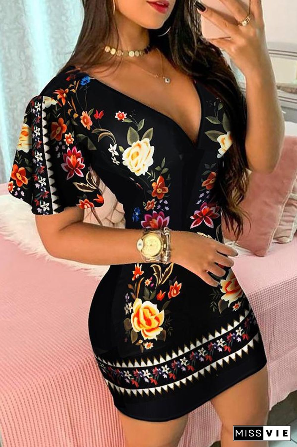 Ruffles Sleeve Floral Print Bodycon Dress P14509