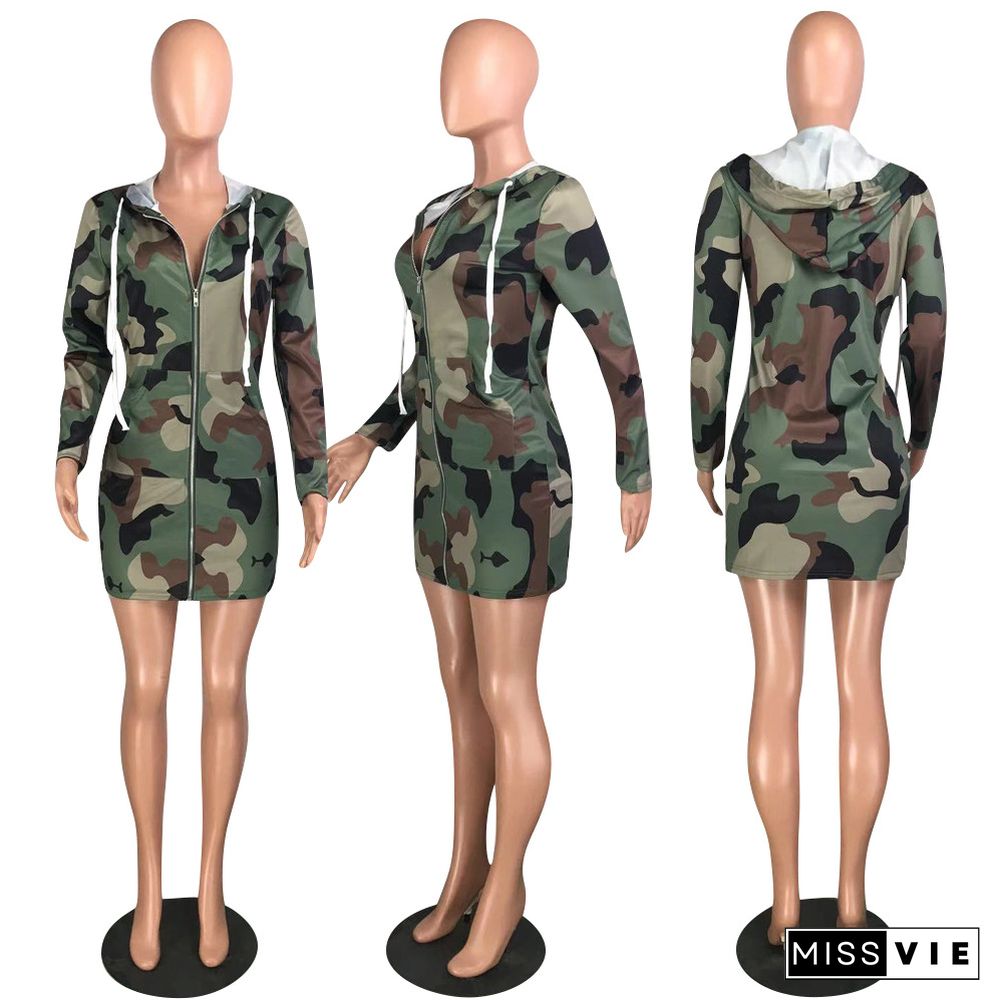 Sexy Camouflage Print Zipper Hoodies Short Dress