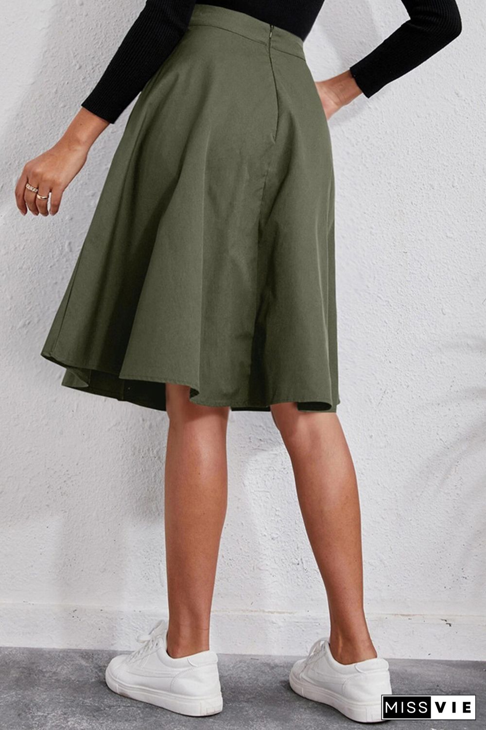 Army Green Button Down Pocket Flowy Skirt