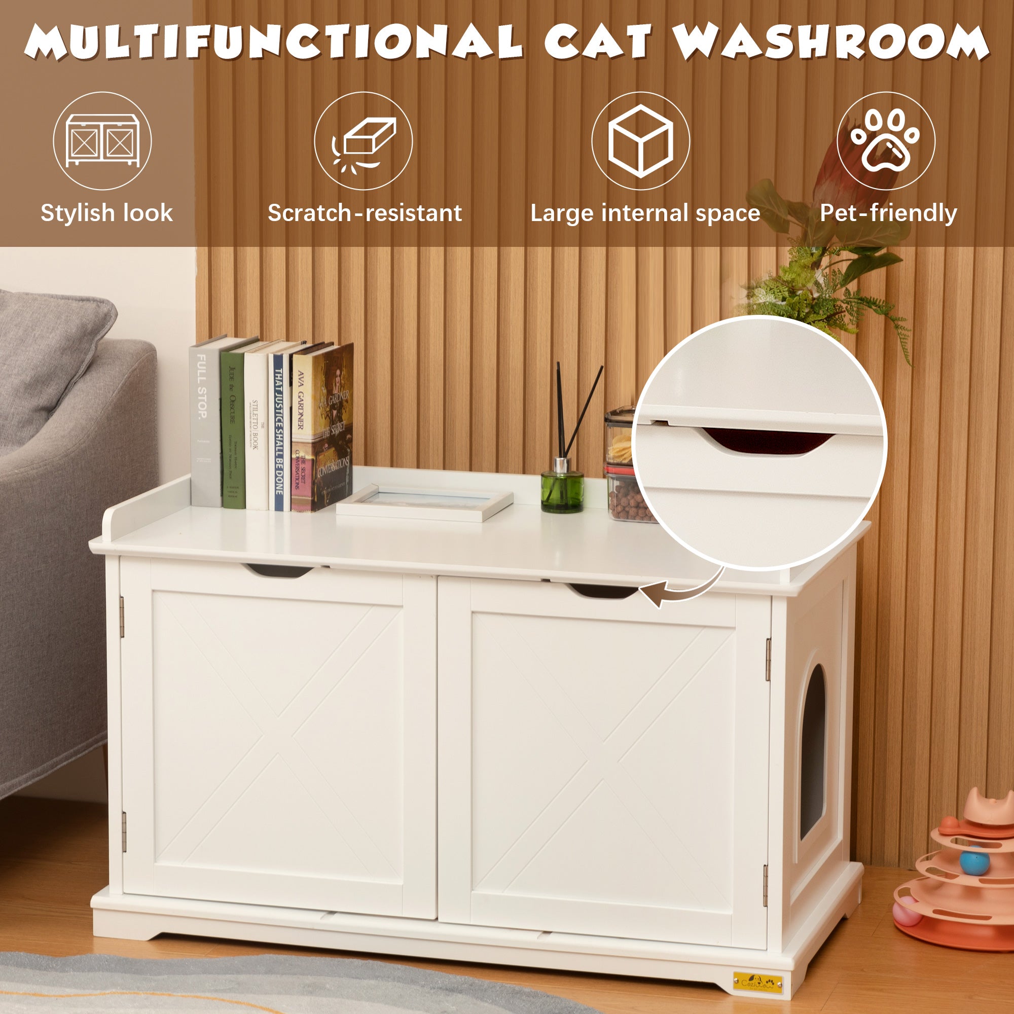 Coziwow Cat Litter Box Enclosure Washroom Storage Bench Cat House Furniture， White